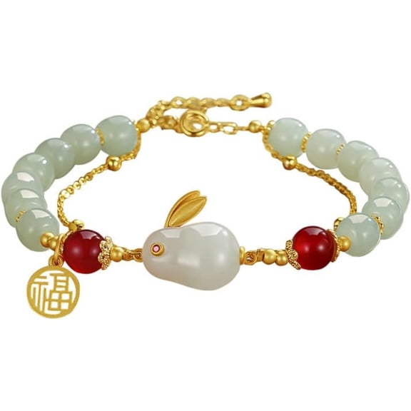 14K Gold Jade Rabbit Bracelet, Jade Agate Rabbit Bracelet, Birthday Gift for Mother, Wife, Girlfriend, Mother's Day
