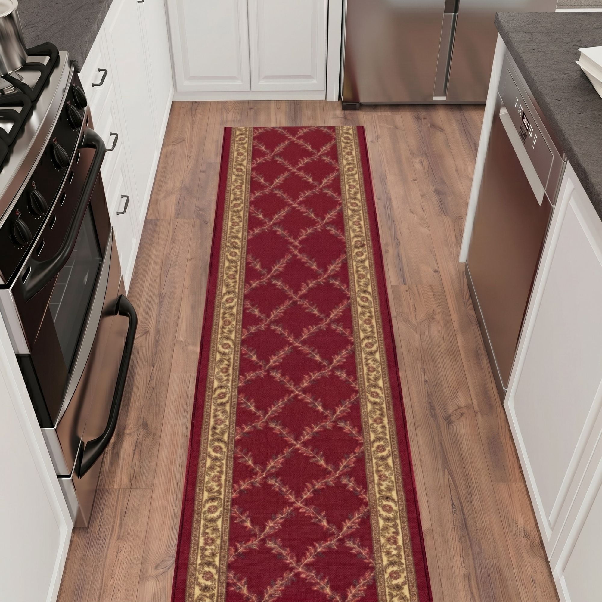 Ottomanson Extra Long Runner Rug 1'10.5" x 25' – Non-Slip Low Pile Hallway Carpet, Trellis Burgundy Red