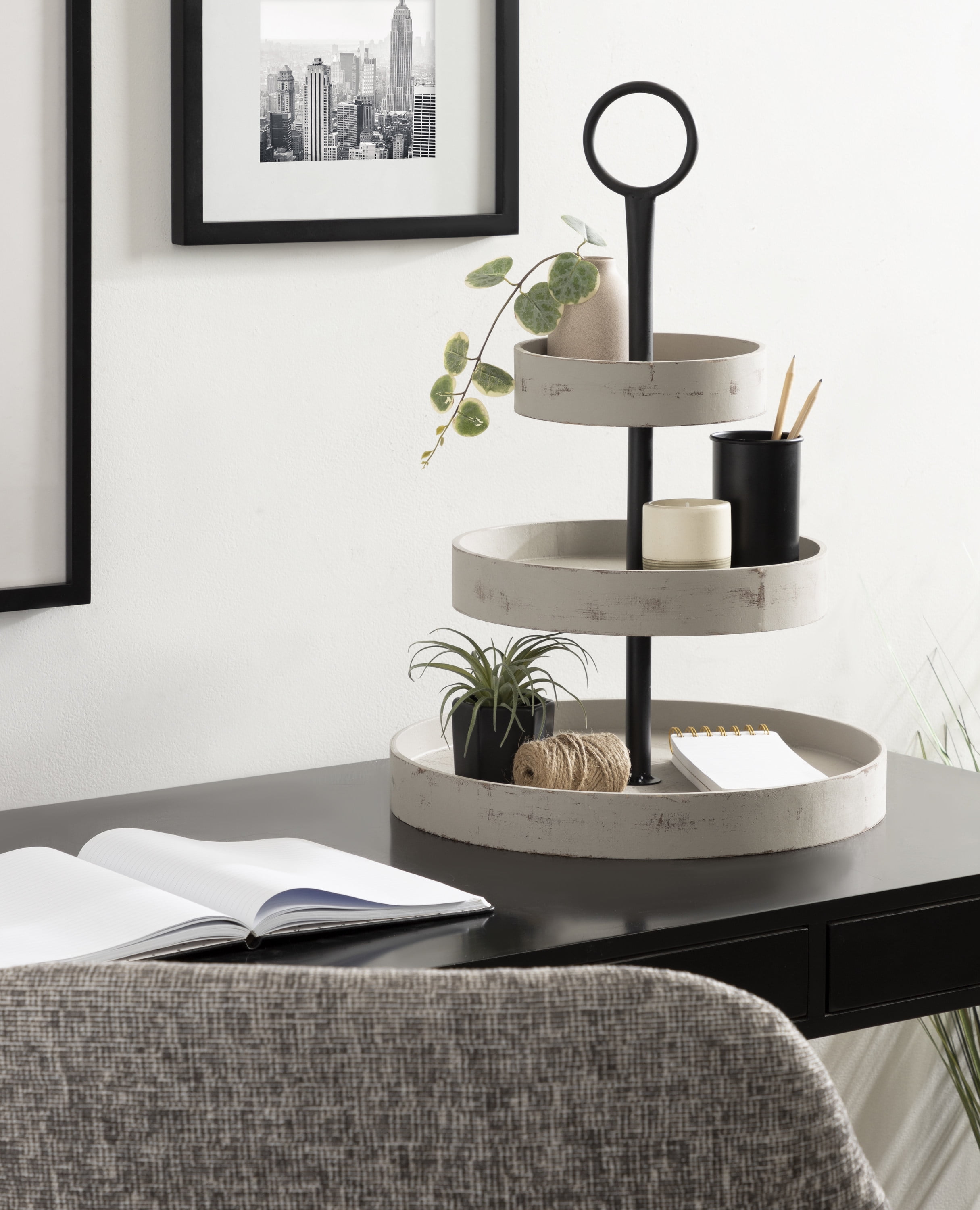 Kate and Laurel Woodmont Decorative Rustic Farmhouse 3 Tiered Wood Tray, Gray