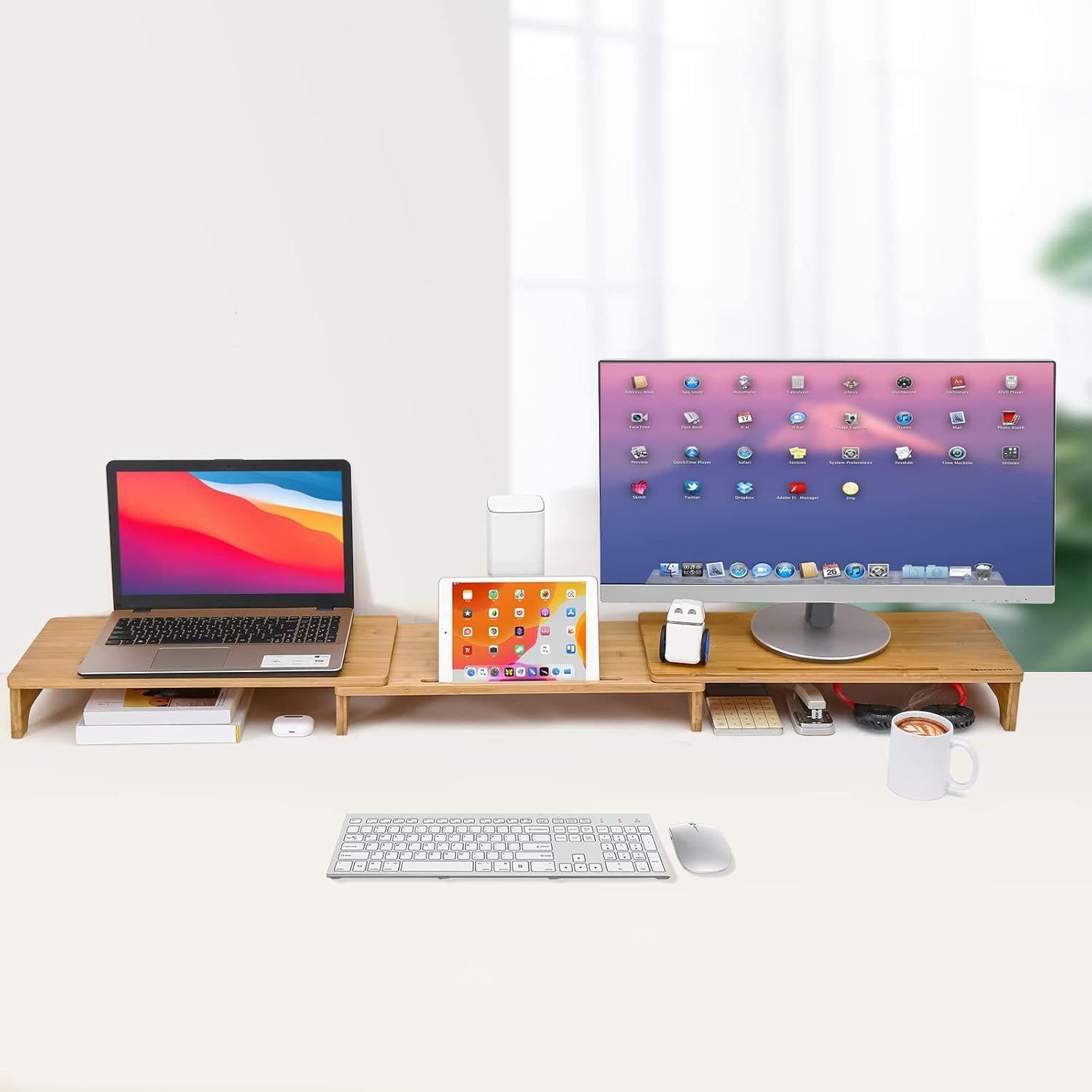 Monitor Stand Riser, 60 inch Large Bamboo Dual Monitor Stand for Desk, 3 Shelves Desktop Screen Riser with Adjustable Length Angle for Computer Laptop PC