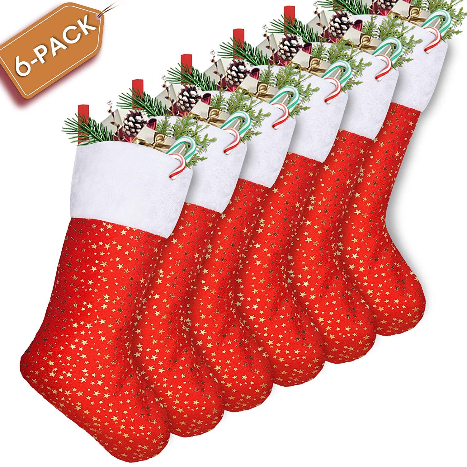 6 Pcs 16 inch Red Christmas Stockings, Bulk Gifts Holder Classic Craft Socks Gold Snowflakes 