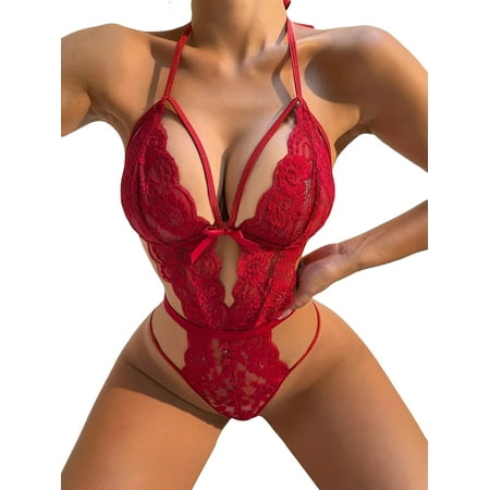 

Amuver Women Lace Bodysuit Lacing Halterneck Hollowed See-through Lingerie Seductive Sleepwear