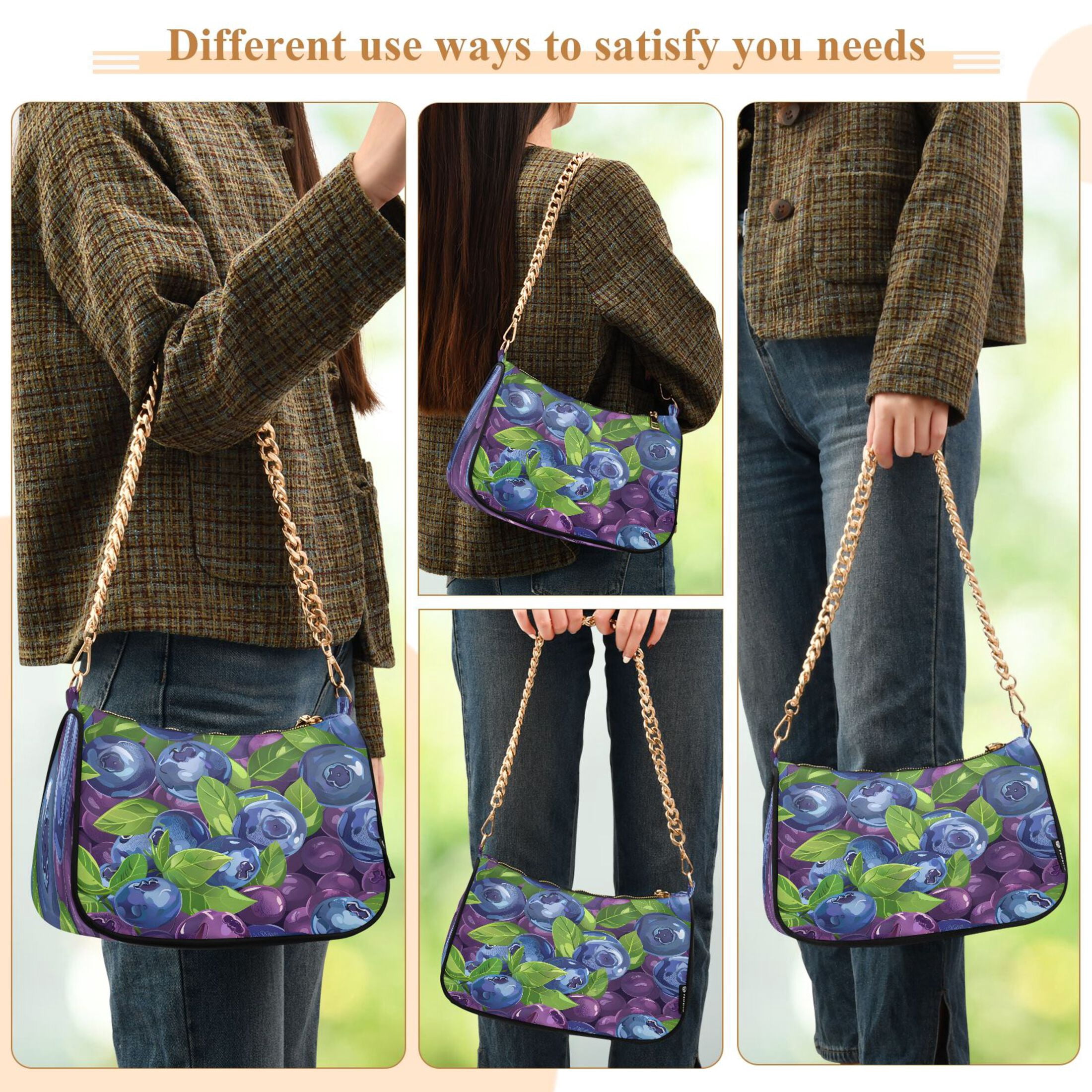 Ryvnso Blueberries Berries Womens Chain Shoulder Bag Tote Handbags Clutch Hobo Purse with Zipper for Travel