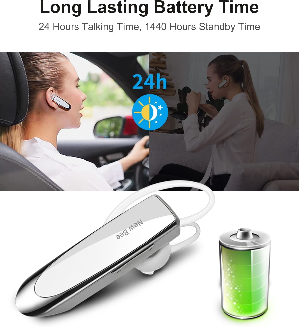 General [2 Pack] Bluetooth Earpiece V5.0 Wireless Handsfree Headset 24 Hrs Driving 60 Days Standby Time with Bluetooth Headset for iPhone Android Laptop Truck Driver(White)