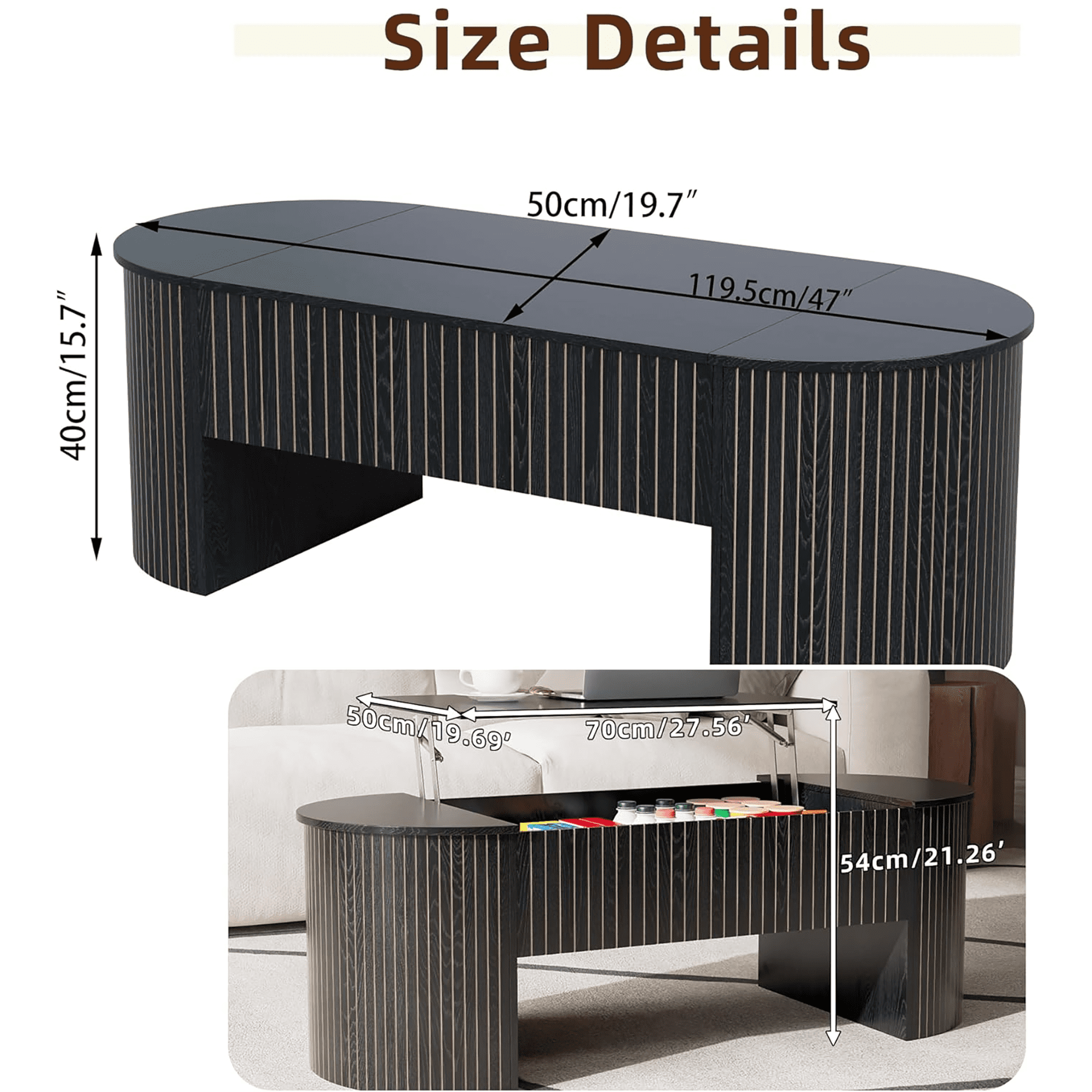 Diubas Oval Lift Top Coffee Table with Hidden Storage, Fluted Coffee Table Center Table for Home Living Room, Black