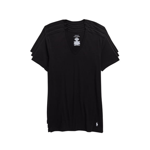 Polo Ralph Lauren T-Shirt Mens Polo V-Neck 3 Pack Slim Fit Stretch Shirts Black Medium
