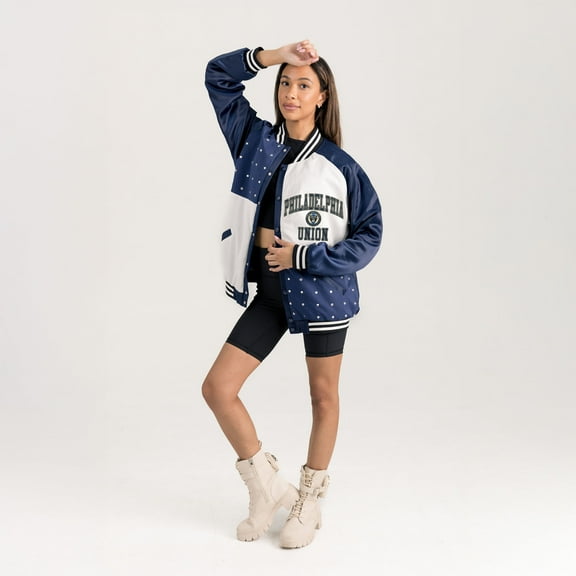 Women's Gameday Couture  Navy Philadelphia Union Refined Rivalries Rhinestone Raglan Full-Snap Varsity Bomber Jacket