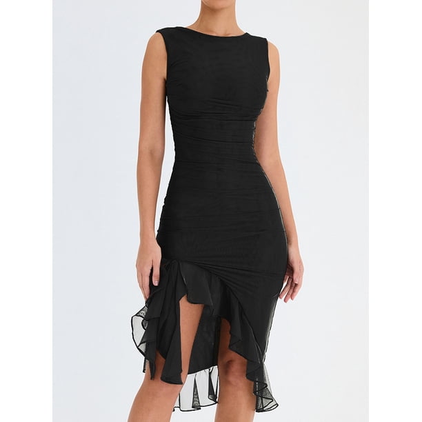 Mozision Elegant Ruffle Ruched Midi Dress For Women Robe Summer New Backless Sleeveless Irregular Club Party Sexy Dress VestidoM Gao Jinjia LED