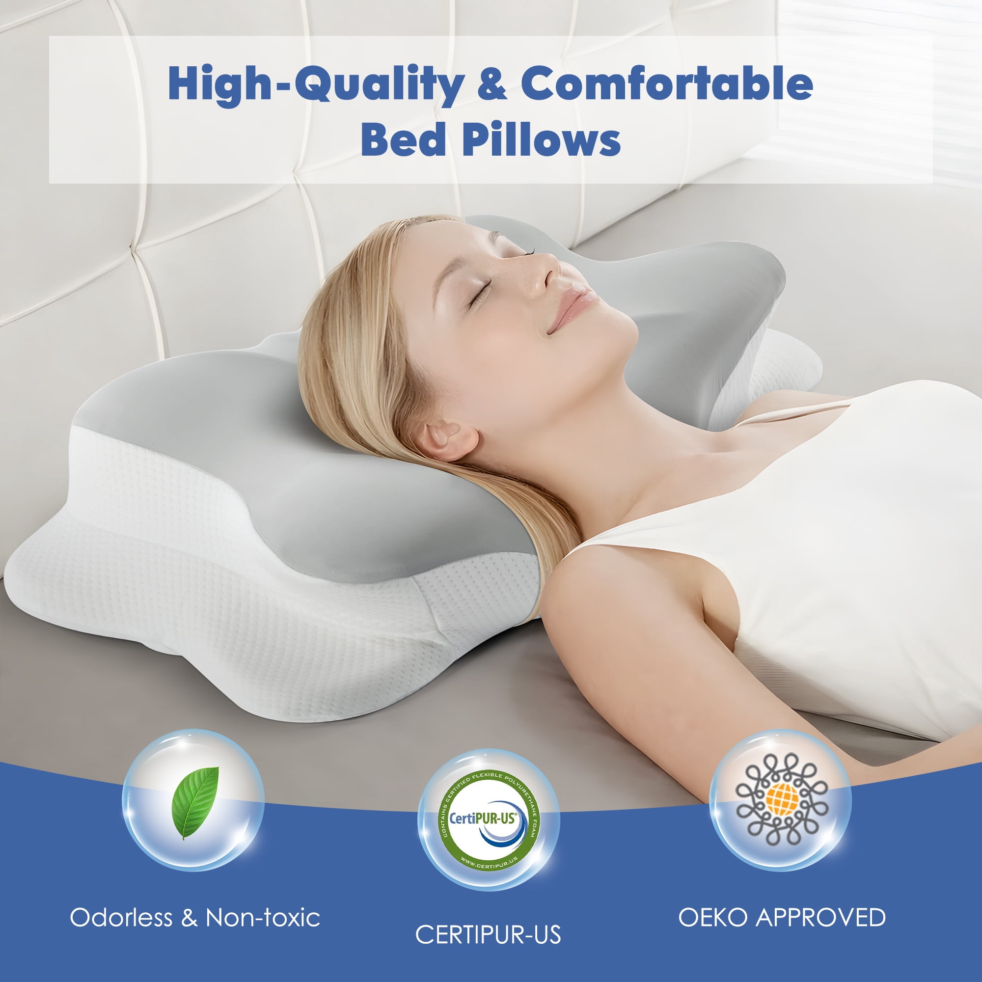 MOONORAH Cervical Neck Pillow, Ergonomic Memory Foam Bed Pillows for Neck Pain Relief with Cooling Pillowcase, Orthopedic Contour Neck Support Pillow for Side Back Stomach Sleepers, Gray