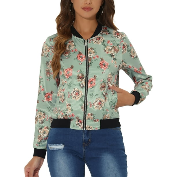Chaqueta bomber para mujer Inspire Chic, corte ajustado, ligera, con cremallera, talla M, verde claro