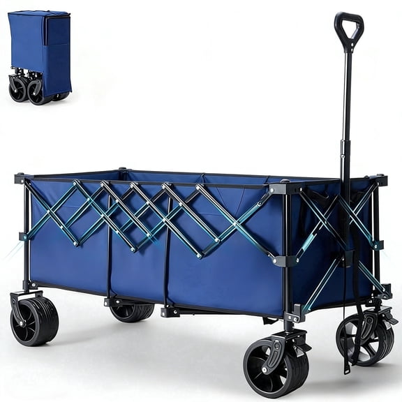 Casabay Heavy Duty Folding Wagon with Large Wheels, Multi-Purpose Utility Shopping Cart, 440 LBS Load Capacity for Camping, Beach, Shopping, Blue