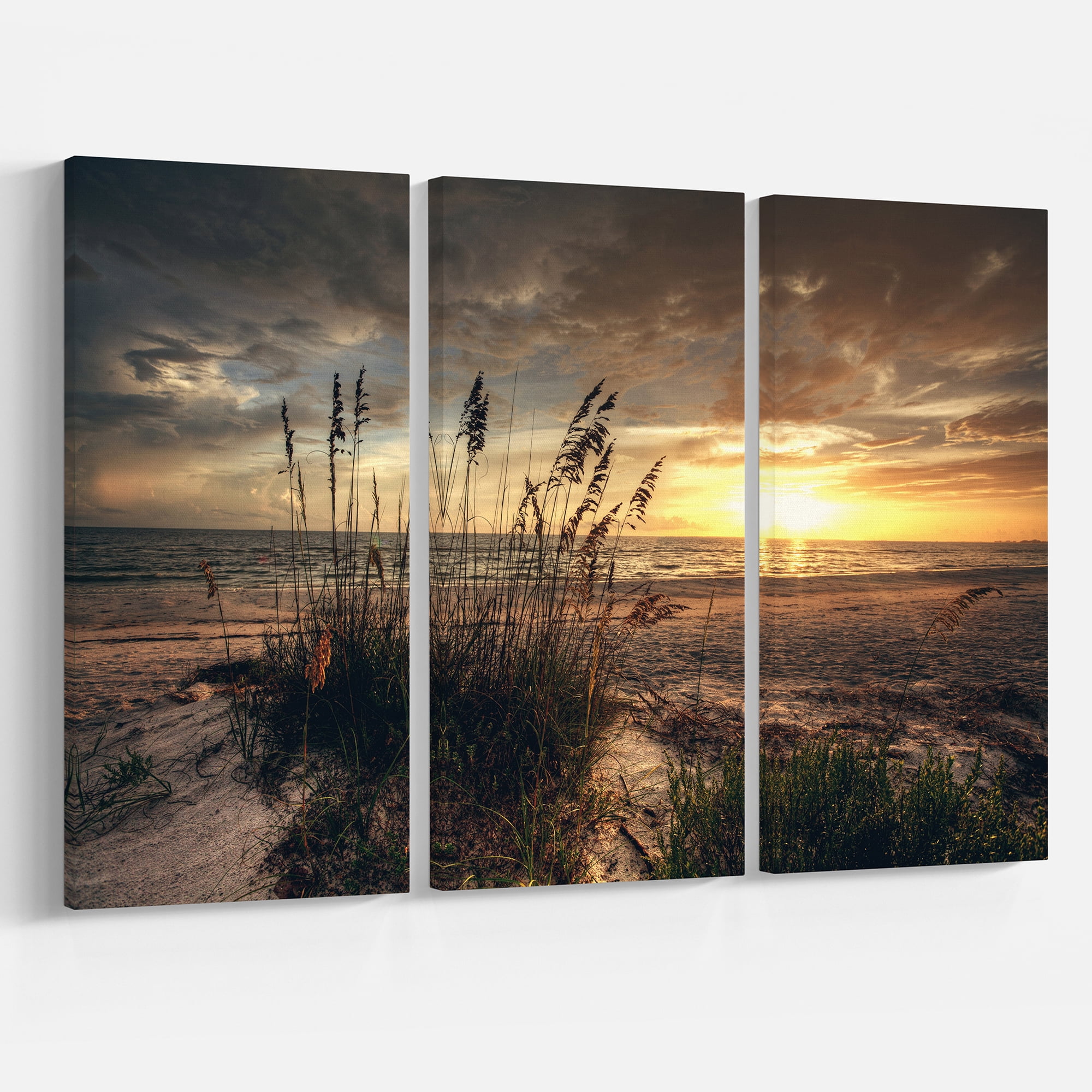 Designart 'Grassy and beach sunset ' Sea & Shore Photography on Wrapped Canvas set