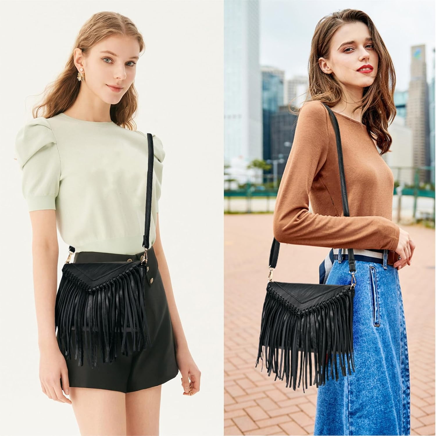 Tassel Crossbody Purse for Women PU Leather Western Hobo Fringe Handbag Shoulder Bag