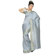 Gray Art Silk Saree Sari fabric India Golden Border