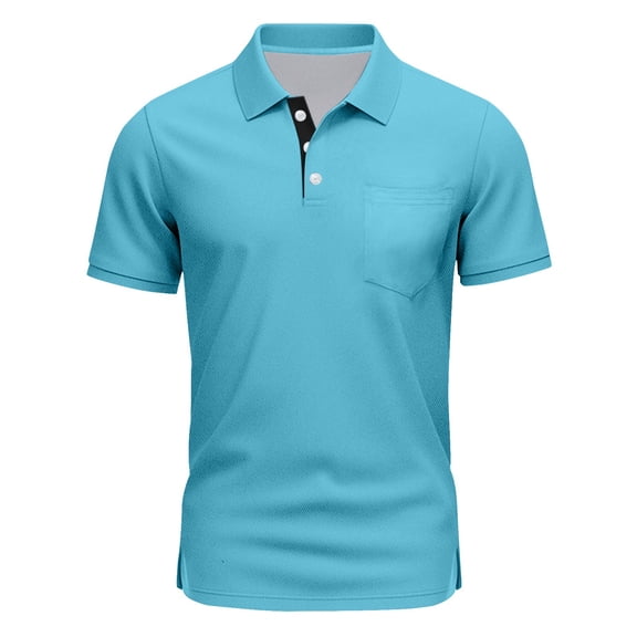 Mens Fashion Polo Shirts Cotton Classic Short Sleeve Thermal Button Shirt with Pocket Sky Blue 5XL