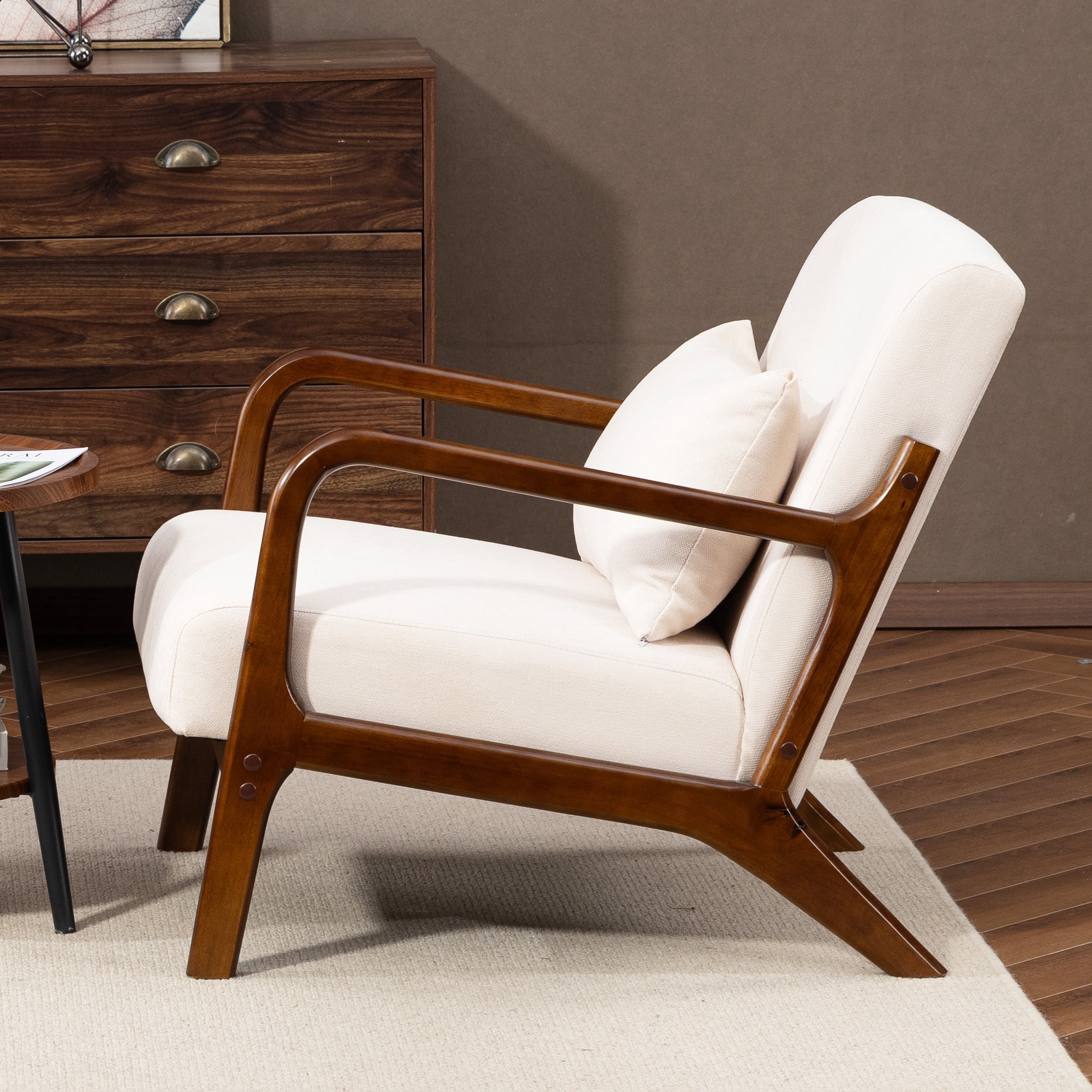PORKISS Modern Arm Chair Velvet Fabric Upholstered Comfy Reading Accent Chair with Solid Wood Frame and Pillow, Armchair Comfort Club Chair Lounge Chair for Living Room Bedroom Sunroom, White #2
