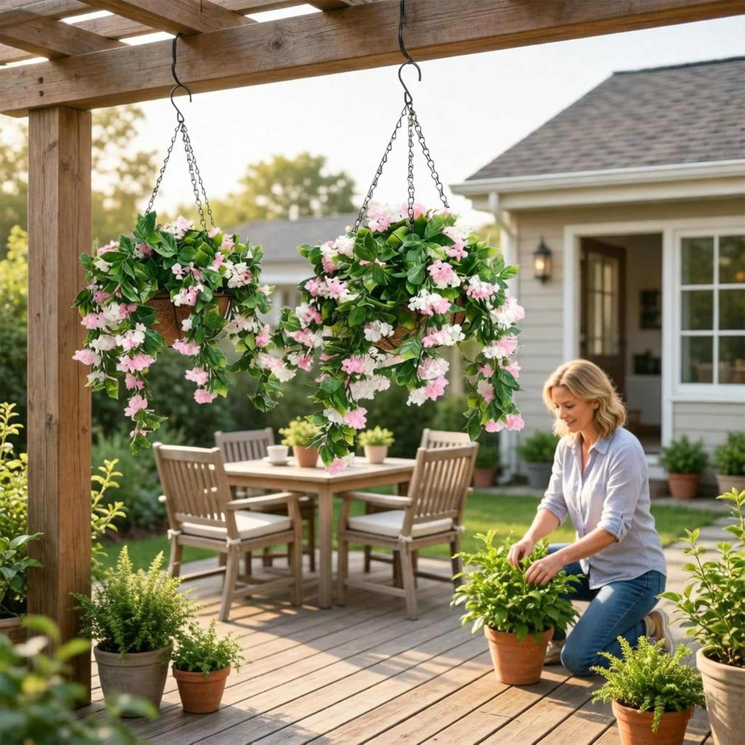 15" Faux Crepe Myrtle Hanging Baskets – Set of 2, 2026 improvements Artificial Hanging Flowers for Outdoors, UV Resistant Realistic Flowers, Faux Greenery for Indoor (Purple)