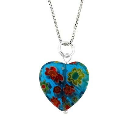 Murano Millefiori Flower Ring - Summer Murano Glass Sterling Silver Bead Blue Millefiori Flower Heart Pendant
