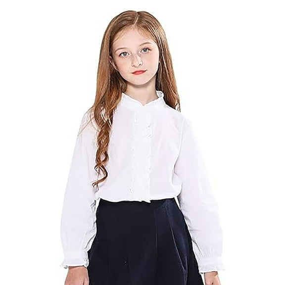 SOLOCOTE Girls White Ruffle Long Sleeve Button Down Cotton Blouse