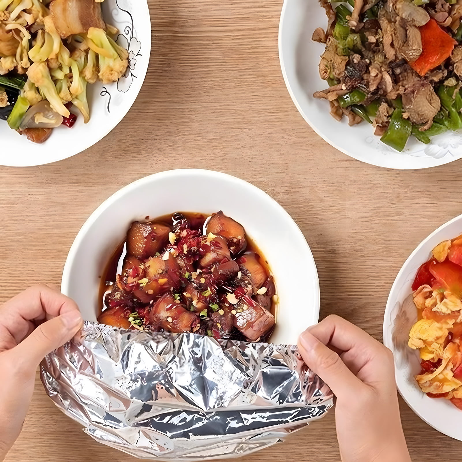 Opvise Stretchable Aluminum Foil Food Covers - Heat-Resistant, Reusable, Universal Fit (11cm-28cm) for Containers, Bowls, Microwave, Freezer & Picnic Use - 10/100 Pcs