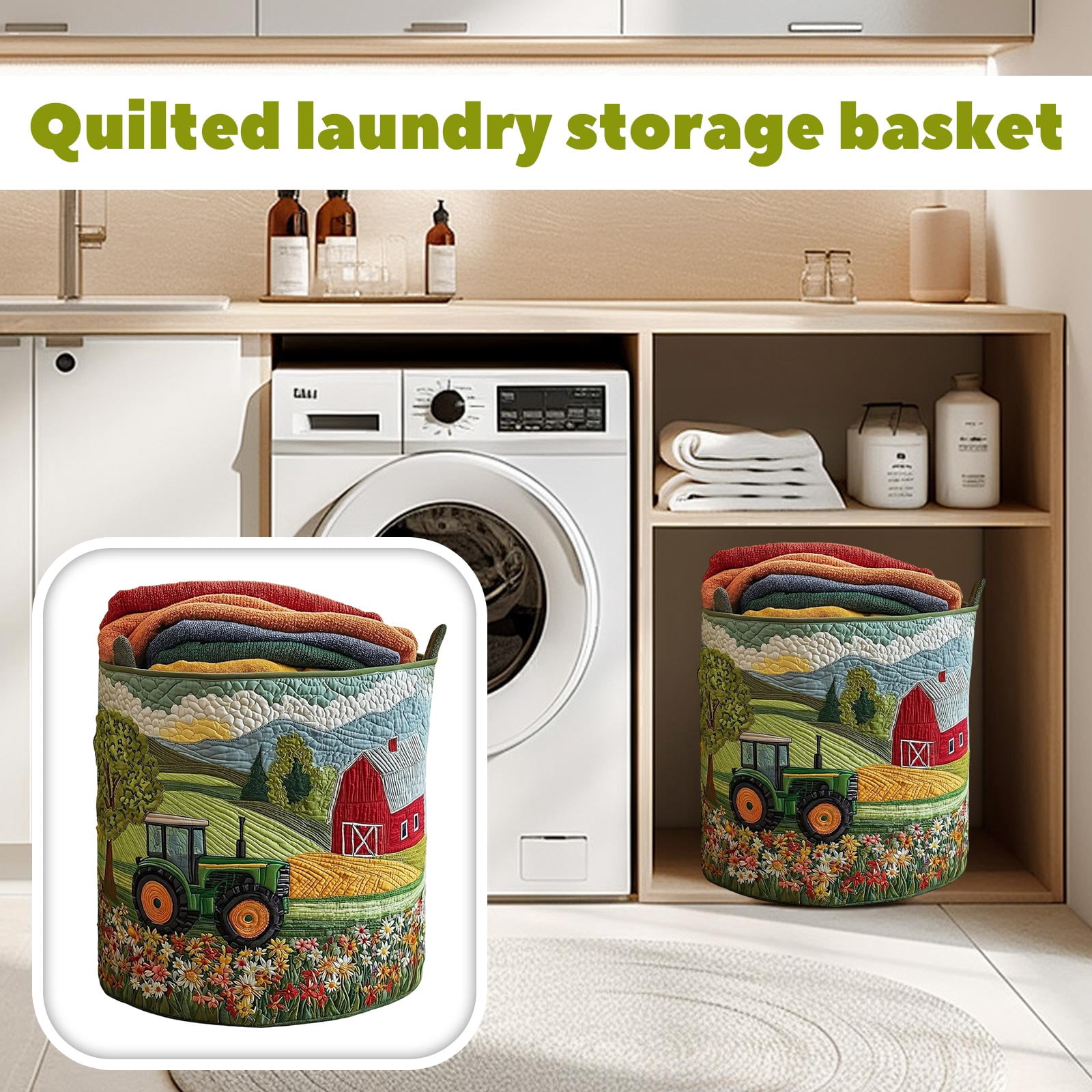 Quilted Laundry Basket Boho Fabric Floral Storage Hamper for Nursery Bedroom Laundry Room Clothes Toys(14" x 18")