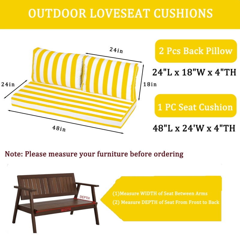 Outdoor Loveseat Cushion Set, Water Resistant chair cushion for patio furniture 48 x 24 inch, Outdoor Sofa replacement Cushions with Ties, Deep Seat Cushions（Bright yellow white）