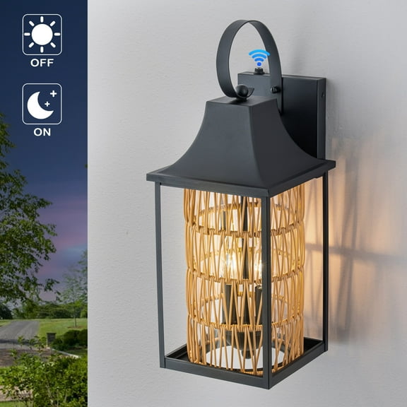 C Cattleya 20.5in 2-Light Modern Farmhouse Dusk-to-Dawn Outdoor Wall Lantern with Hand-woven Rattan Shade