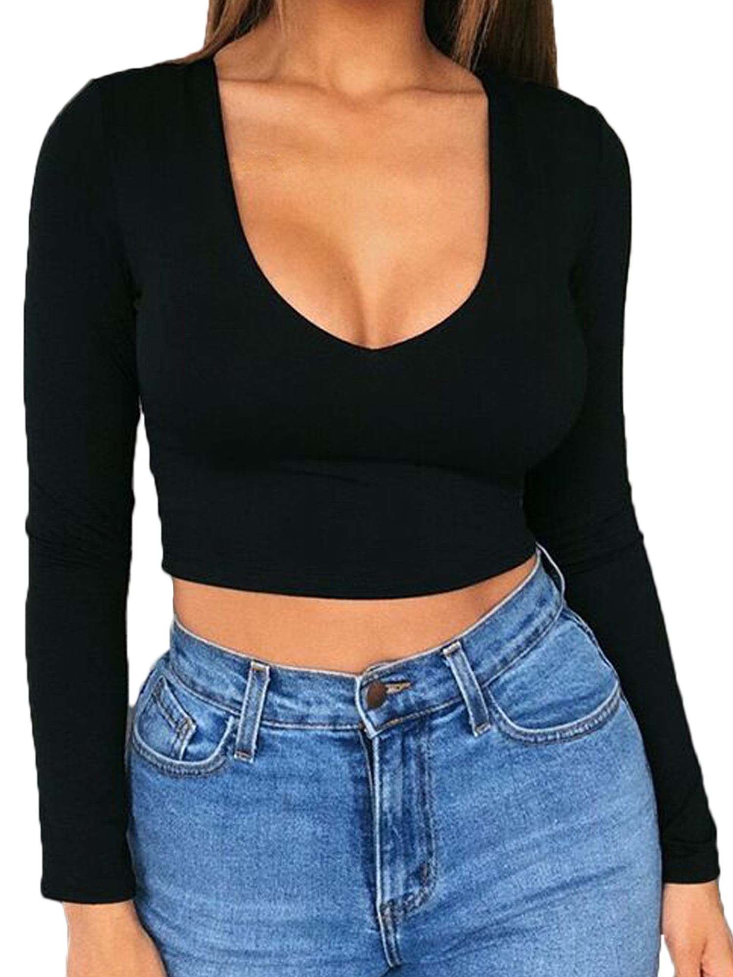 FeMereina Womens V-neck Crop Top Long Sleeve Shirt Blouse Sweater Vest ...