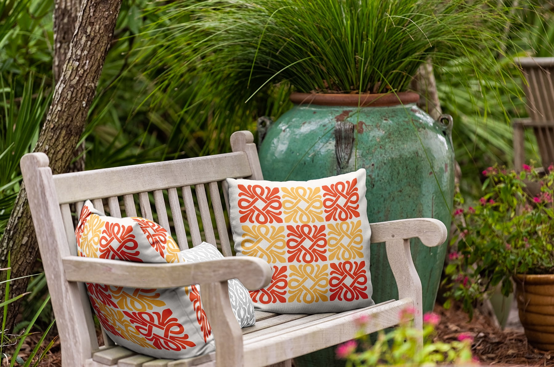 20"x20" Square Simply Daisy Tiki Square Poly Indoor/Outdoor Pillow, Bright Orange Qty 1