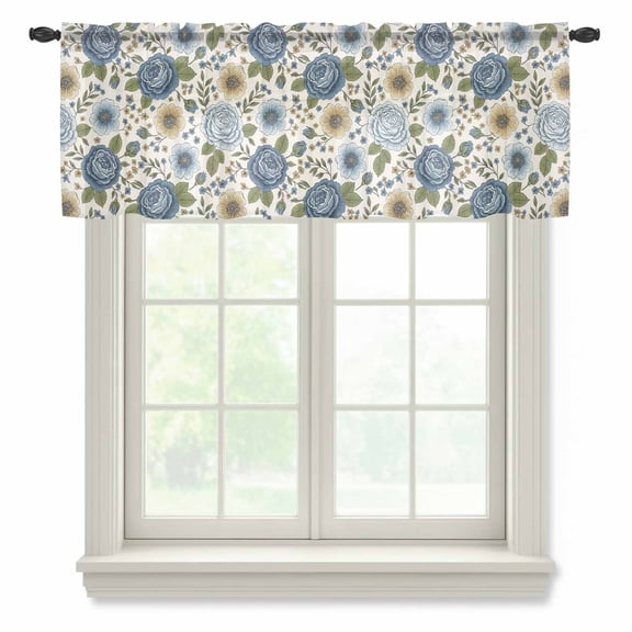 Spring Floral Sheer Valances for Windows, Watercolor Blue Yellow Flowers Green Leaves Romantic Semi Sheer Kitchen Valance Rod Pocket Small Voile Window Curtains for Living Room Bedroom 42 x 12 Inch