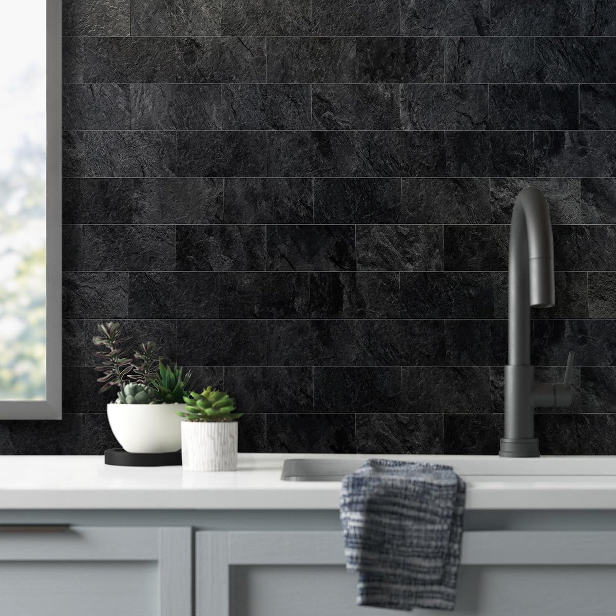 100 Piece Black Slate Peel And Stick Backsplash Wall Tiles  3" X 6" Pvc Faux Stone On For Kitchen Bathroom Laundry Room Camper Fireplace
