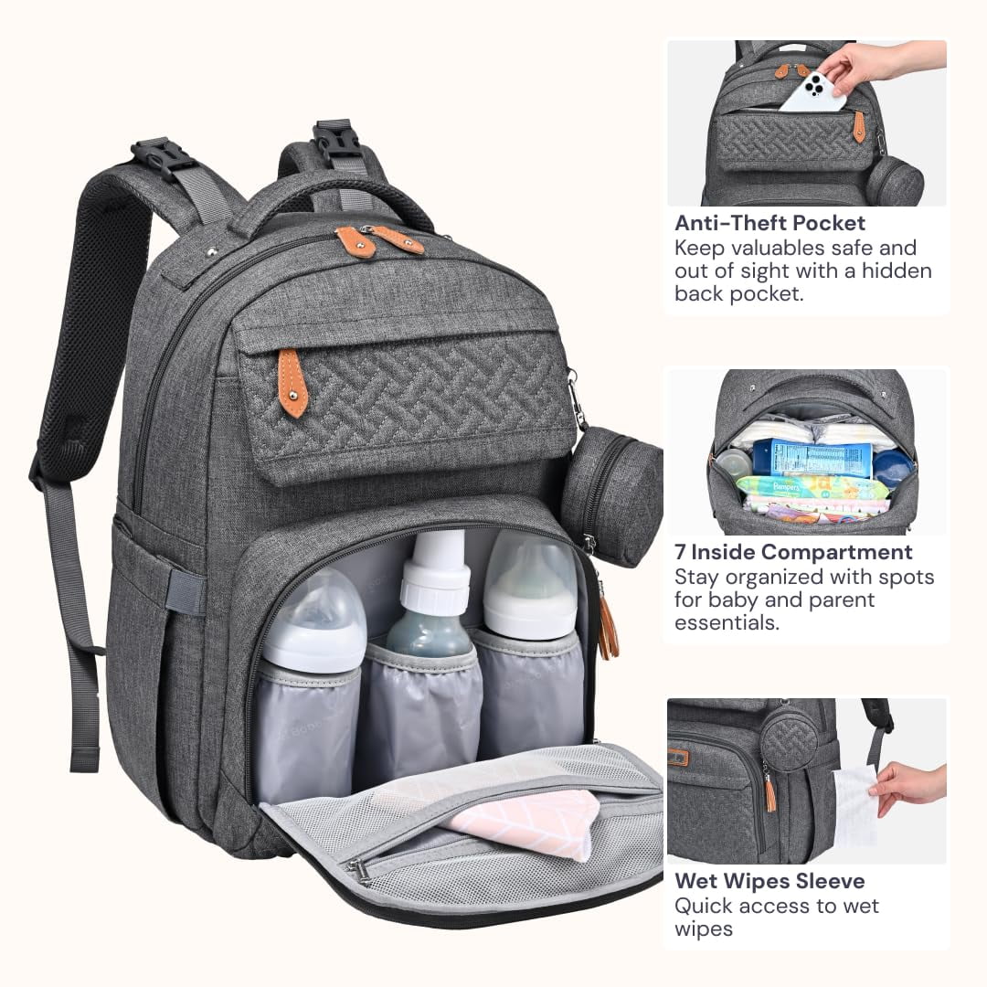 BabbleRoo Diaper Bag Backpack, Travel Backpack, Pacifier Case & Stroller Straps, Multifunction, Waterproof, Unisex – Dark Gray