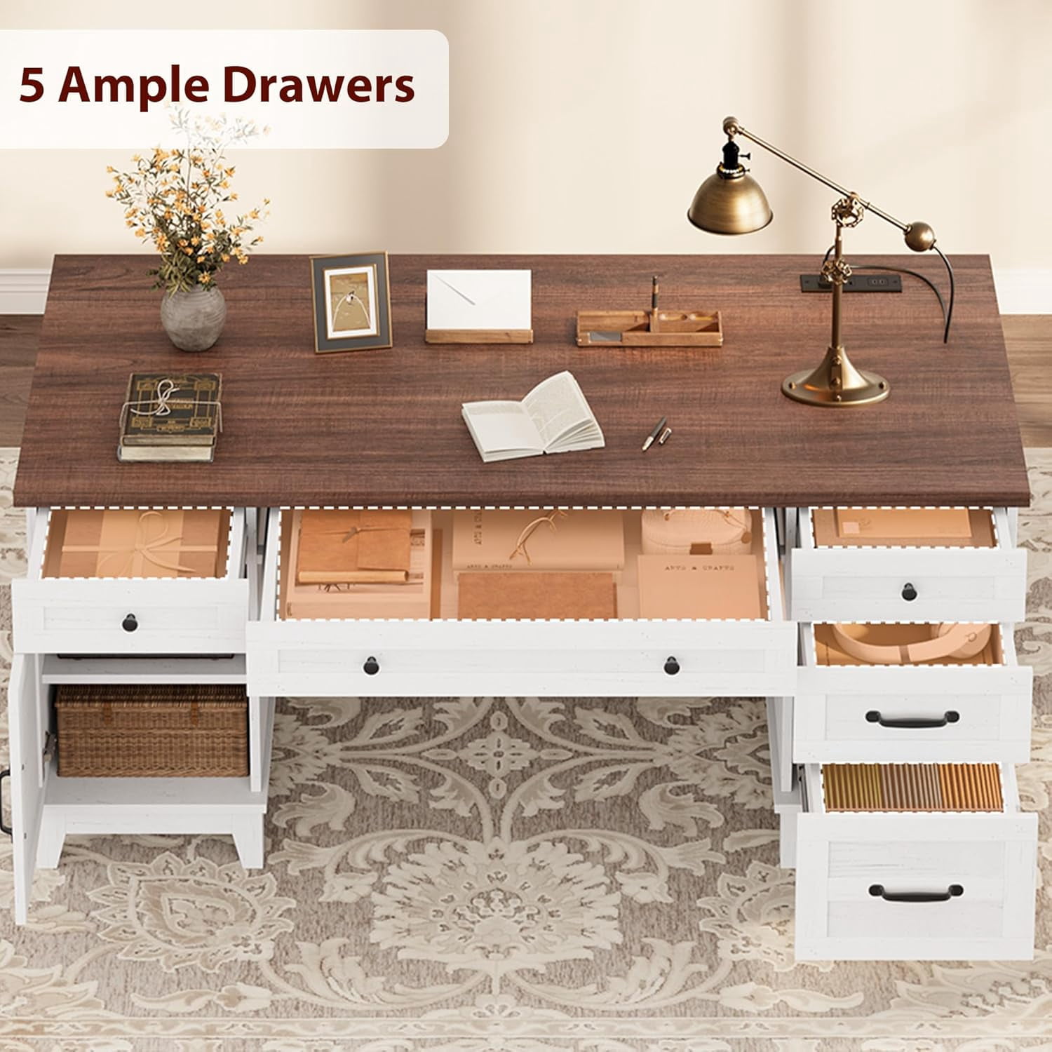 60" Wooden Home Office Desk with Built-in Power Outlet, Farmhouse Executive Desk with Storage Drawers and File Cabinet, Rectangular Study and Writing Table