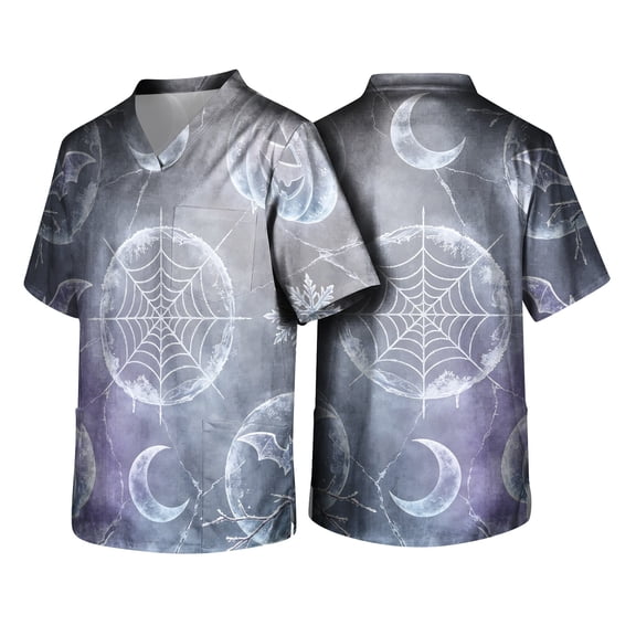 Domuza Men's Novelty Skull Scrub T-Shirt Spider Pattern Casual Short Sleeve V Neck Tshirts Trendy Comfort Funny Medical Blouses with 3 Pocket White S