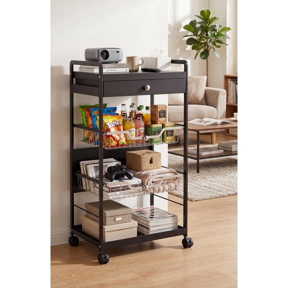 4-Tier Metal Rolling Storage Cart – Collapsible Expandable Utility Organizer Rack with Lockable Wheels – Heavy Duty Kitchen, Pantry, Garage, Bathroom Storage Shelf – Black