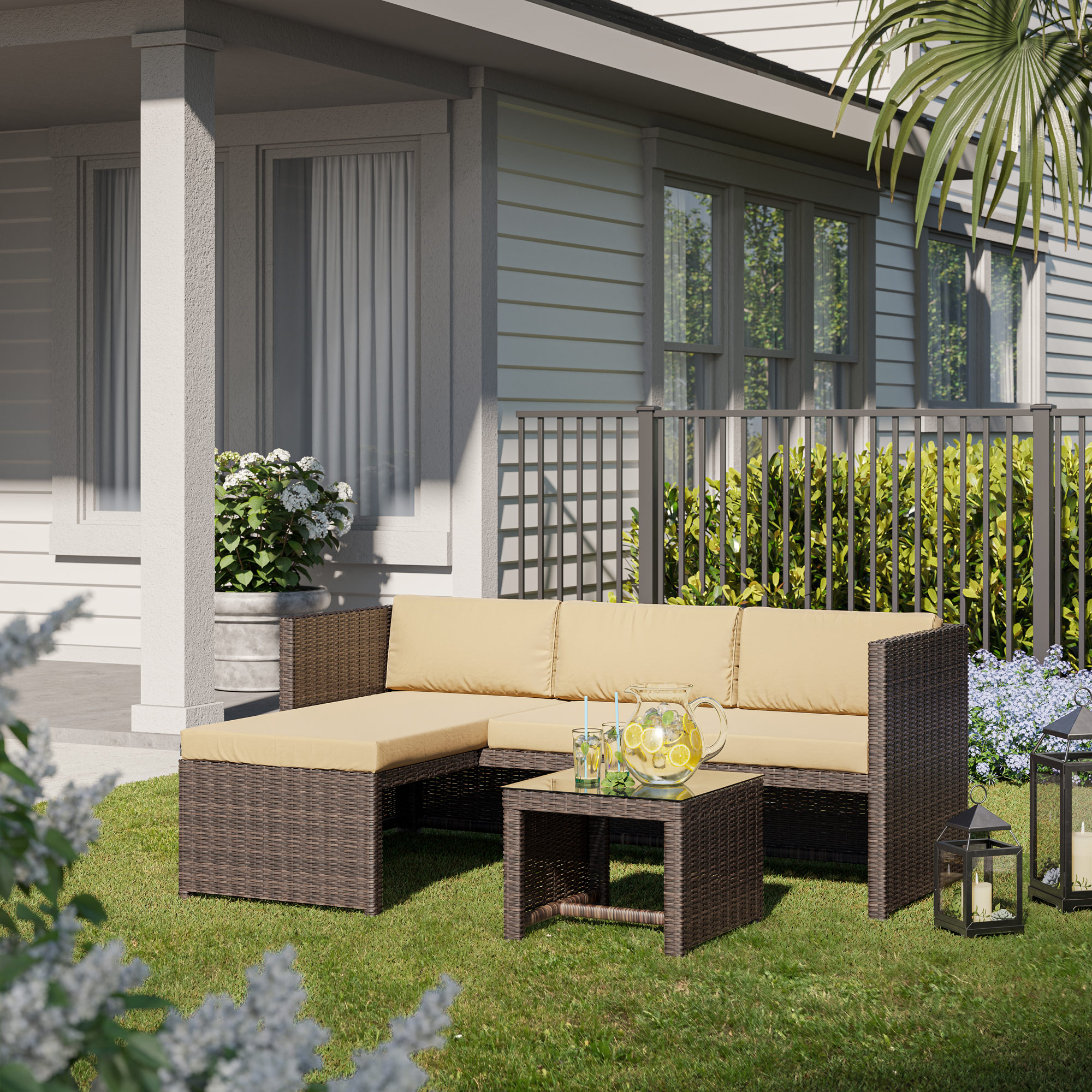 BELLEZE Balboa 3 Piece Patio Conversation Set All-Weather Wicker Rattan Corner Sofa with Cushion and Glass Table, Brown - image 2 of 7