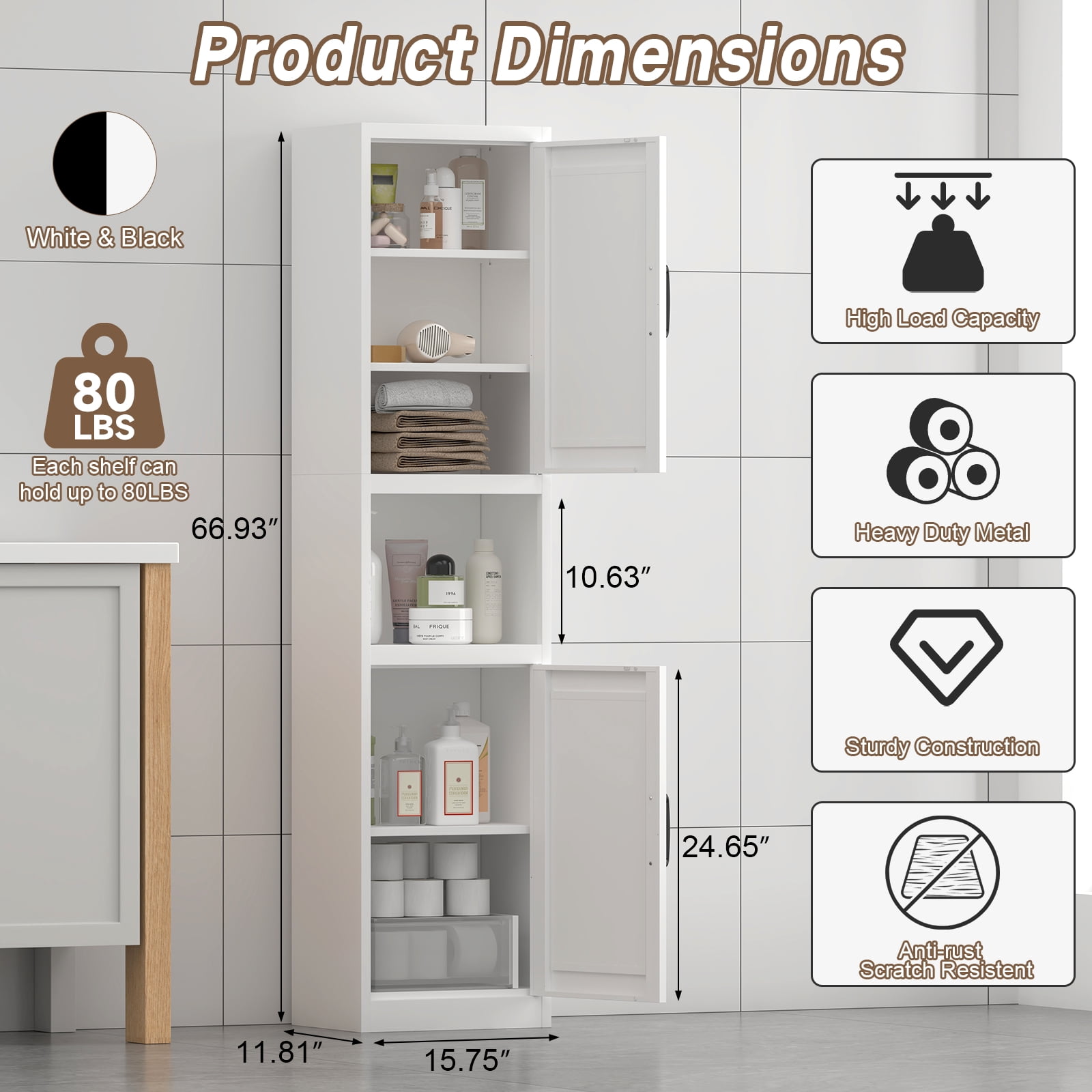 Marcree 67" Tall Bathroom Storage Cabinet, Metal Narrow Storage Cabinet with 2 Doors & 6 Shelves, Slim Skinny Cabinet for Linen, Pantry, Kitchen, Living Room & Home Office, White