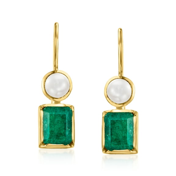 Ross-Simons 4.5-5mm Cultured Pearl and 3.90 ct. t.w. Emerald Drop Earrings in 18kt Gold Over Sterling, Women's, Adult