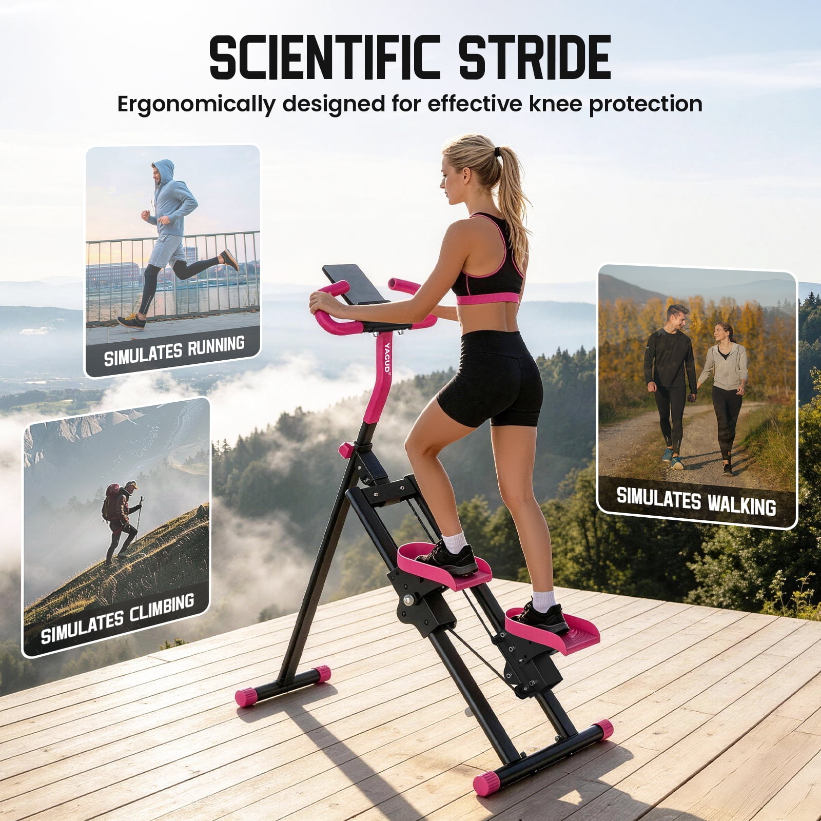 Stair Stepper with 6-Level Adjustable Handrails, 330lb Weight Capacity Stair Climber for Full-Body Exercise, Compact Foldable Step Machines for Home Workouts & Small Spaces, Pink