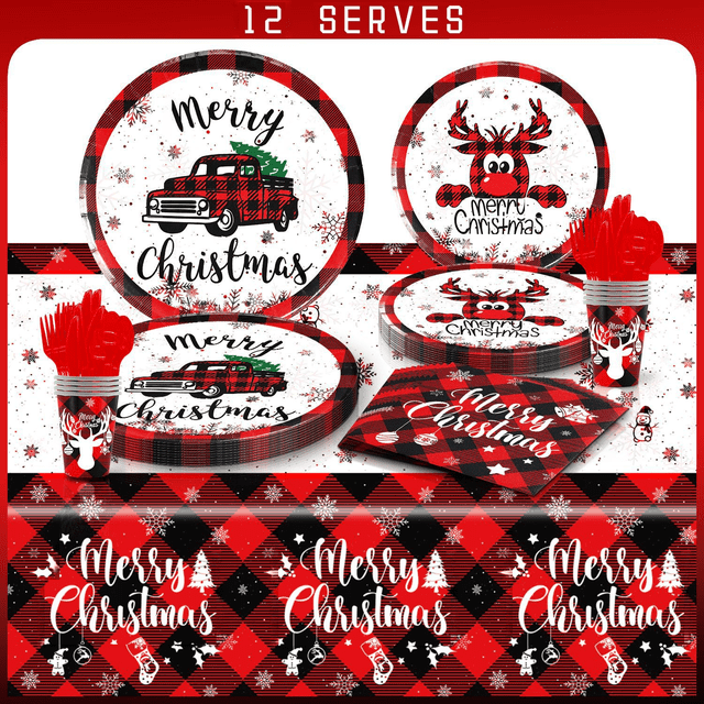 Suministros para fiestas navideñas, vajilla, decoración para fiestas navideñas, árbol de Navidad, platos de papel, servilletas, copos de nieve, manteles, pancarta de Feliz Navidad, vacaciones