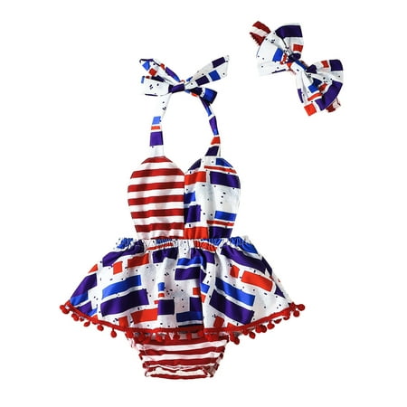 

Musuos Baby Girl 4th of July Outfit Sleeveless American Flag Halter Romper Dress Headband