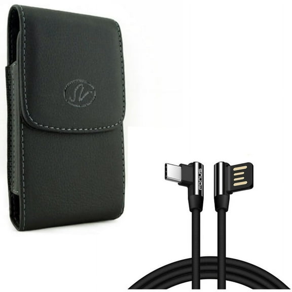 Black Leather Case Cover Pouch Holder w Right Angle L-Shaped Durable 6ft Long Type-C USB Cable Wire Sync P9G for ASUS ZenFone 4 Pro - BLU Vivo XI Plus - CAT S48c - Google Pixel XL 3a XL 3 XL