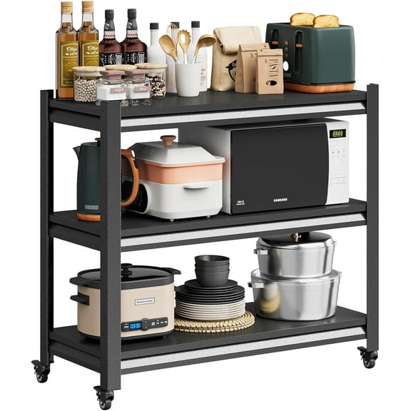 Bakers Rack with Wheels,Storage Shelves,3-Tier Metal Shelving Unit with Wheels for Kitchen Garage Office,Kitchen Stand with Adjustable Rack (18" D x 34" W x 32" H)
