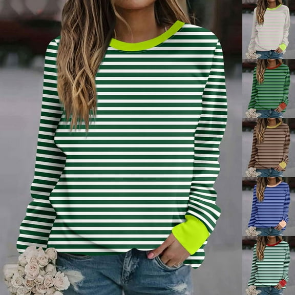 VEKDONE Stripe Color Block Sweatshirts for Women Plus Size Crewneck Pullover Tops Fall Long Sleeve Loose Fit Thin Fleece Sweatshirt