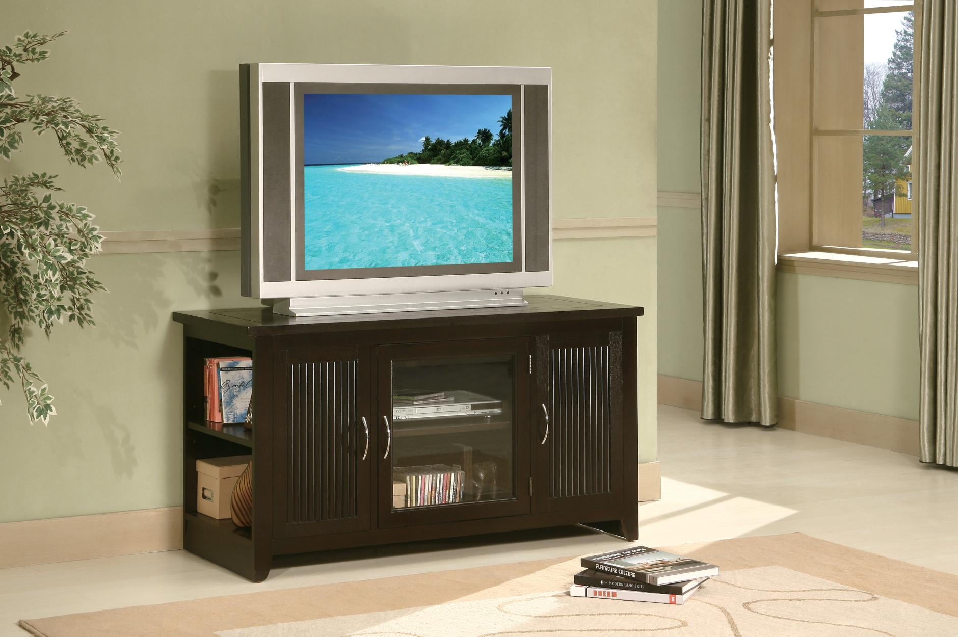 Transitional Style Fluted Wooden TV Stand, Espresso Brown Finish