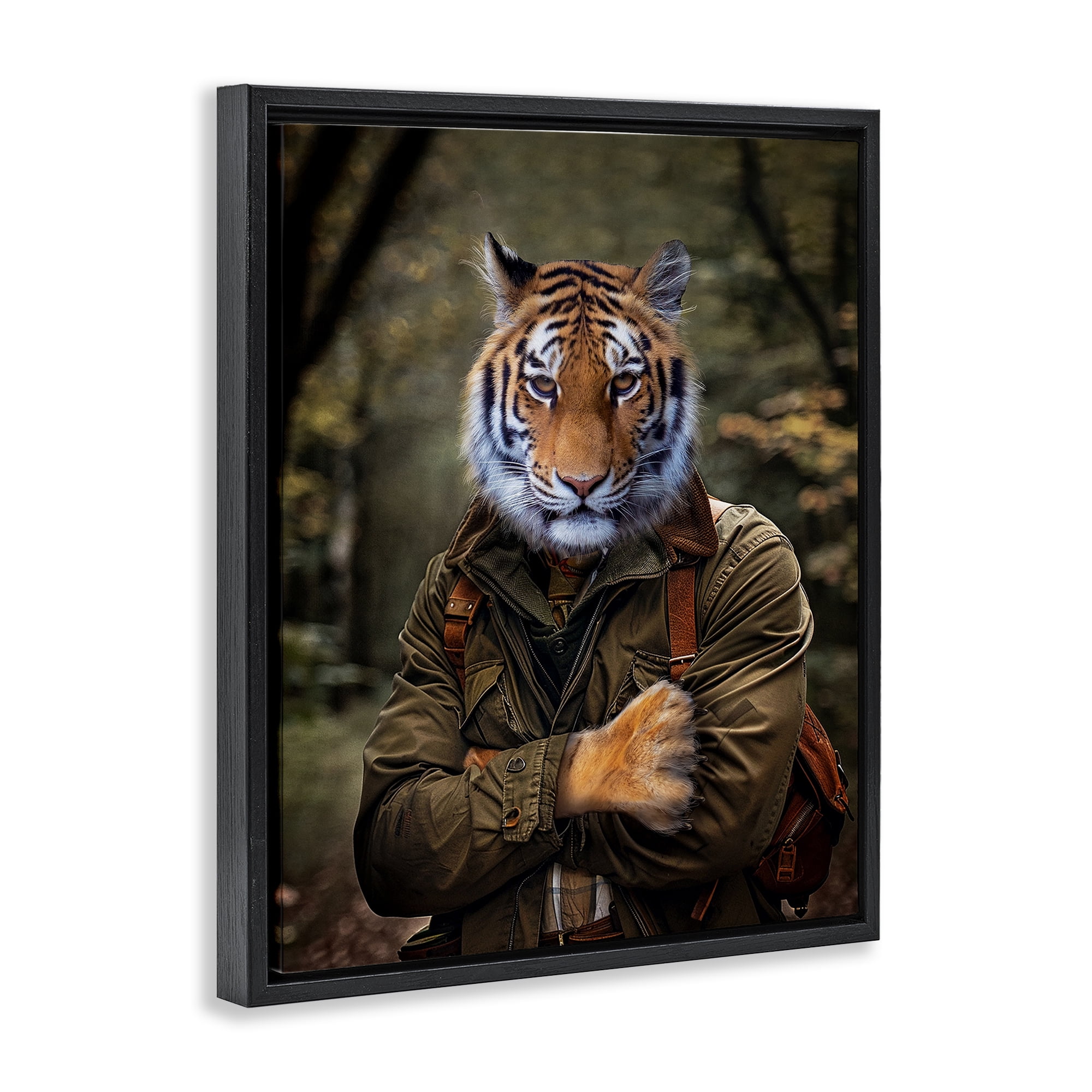 Stupell Industries Tiger in Hiking Attire Animals & Insects Painting Black Floater Framed Canvas Art Print Wall Art, 25 x 31