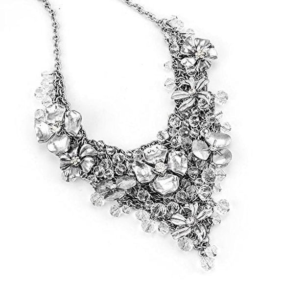 Crystal Flower Statement Necklace - Sparkly Mesh Bib Necklace with Floral Design Jewelry Necklace