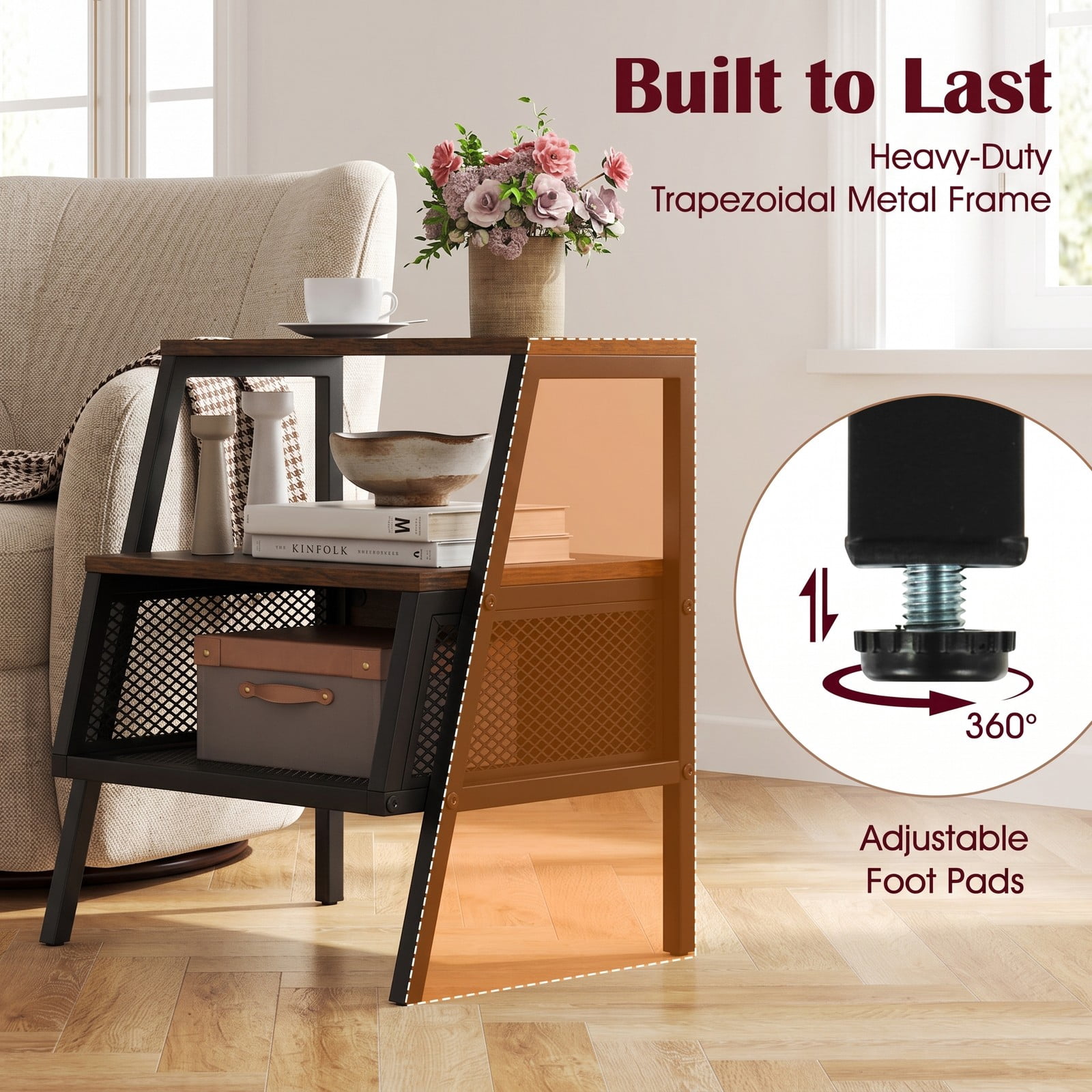 Furnibear Industrial Nightstand 3 Tier End Table with 2 Open Shelves and Metal Mesh Compartment for Bedroom, Rustic Brown