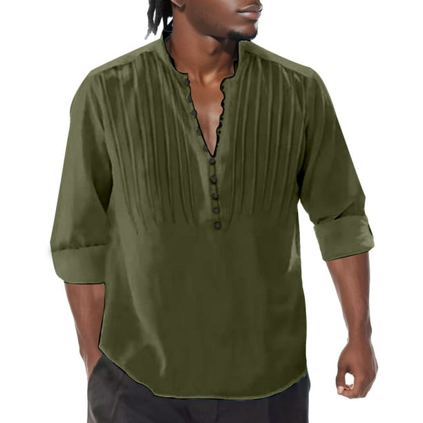 Camisas De Vestir Para Hombre Slim Fit Camisa de manga larga de color solido plisada con botones de cuello redondo para hombre Four Seasons Green XXL Bodega Aurrera en linea