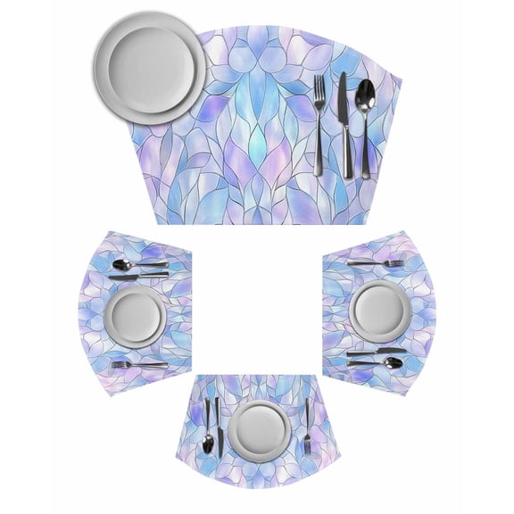 Stained Glass Wedge Shaped Placemats Set of 6, Cotton Linen Fan Place Mats, Blue Purple Floral Geometric Washable Table Mats for Holiday Wedding Party Dinning Coffee Tables 11.8"x17.5"